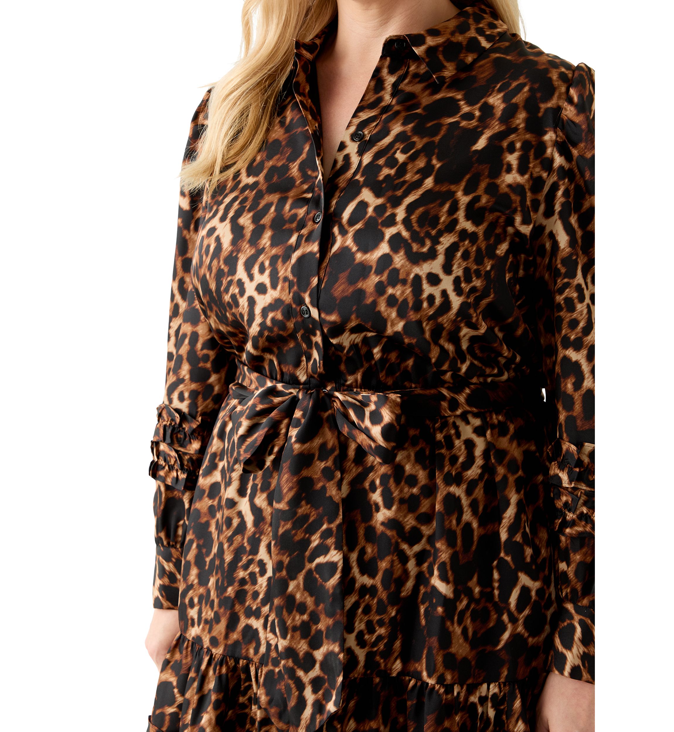Plus Sized Long Sleeve Ruffle Shirt Dress with Satin Twill