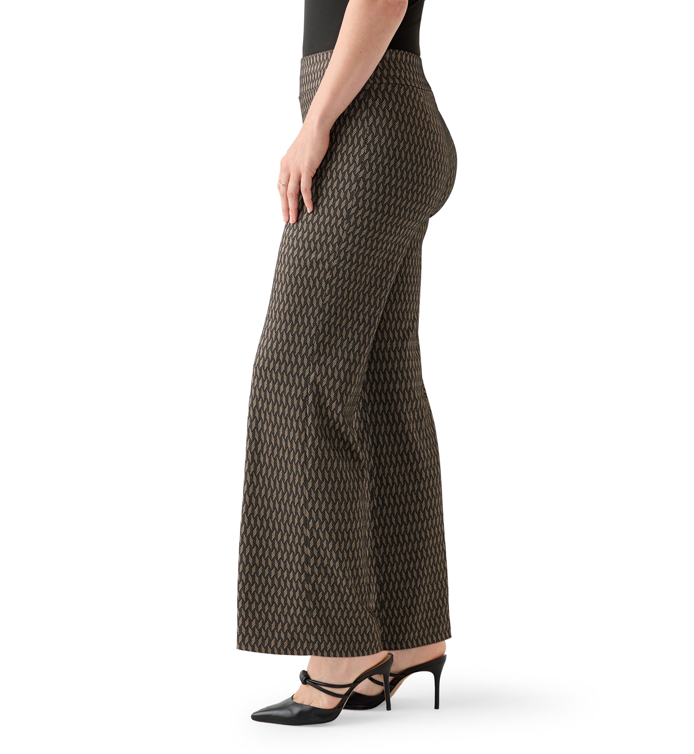 Womens Pul On Wide Leg Herringbone Trousers 