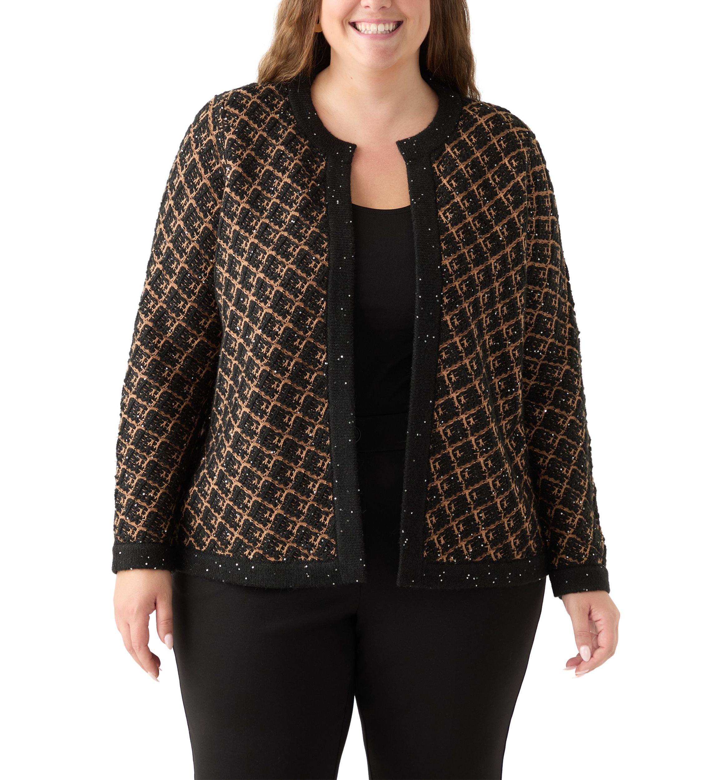 Plus Size Diagonal Check Open Front Cardigan