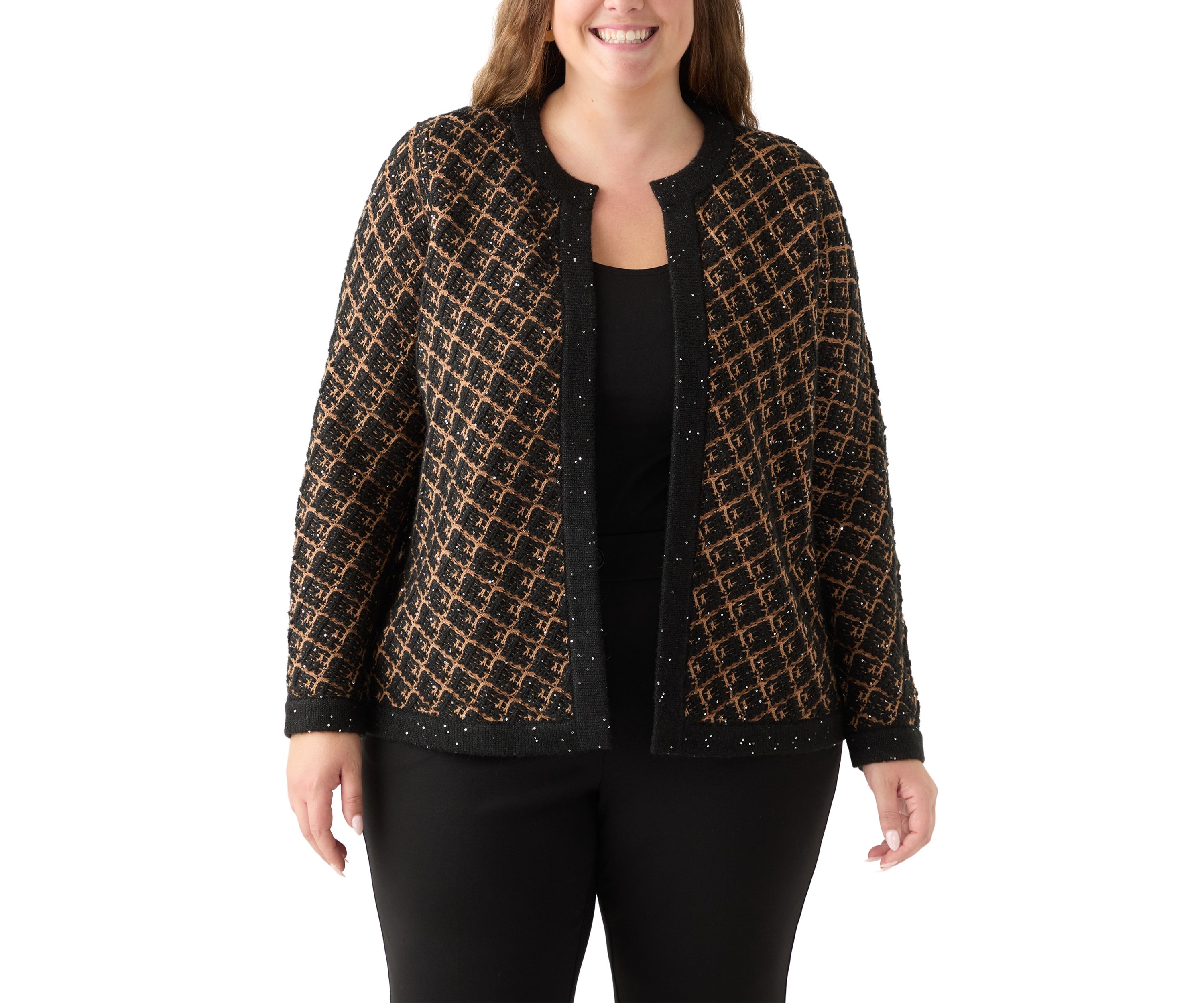 Plus Size Diagonal Check Open Front Cardigan