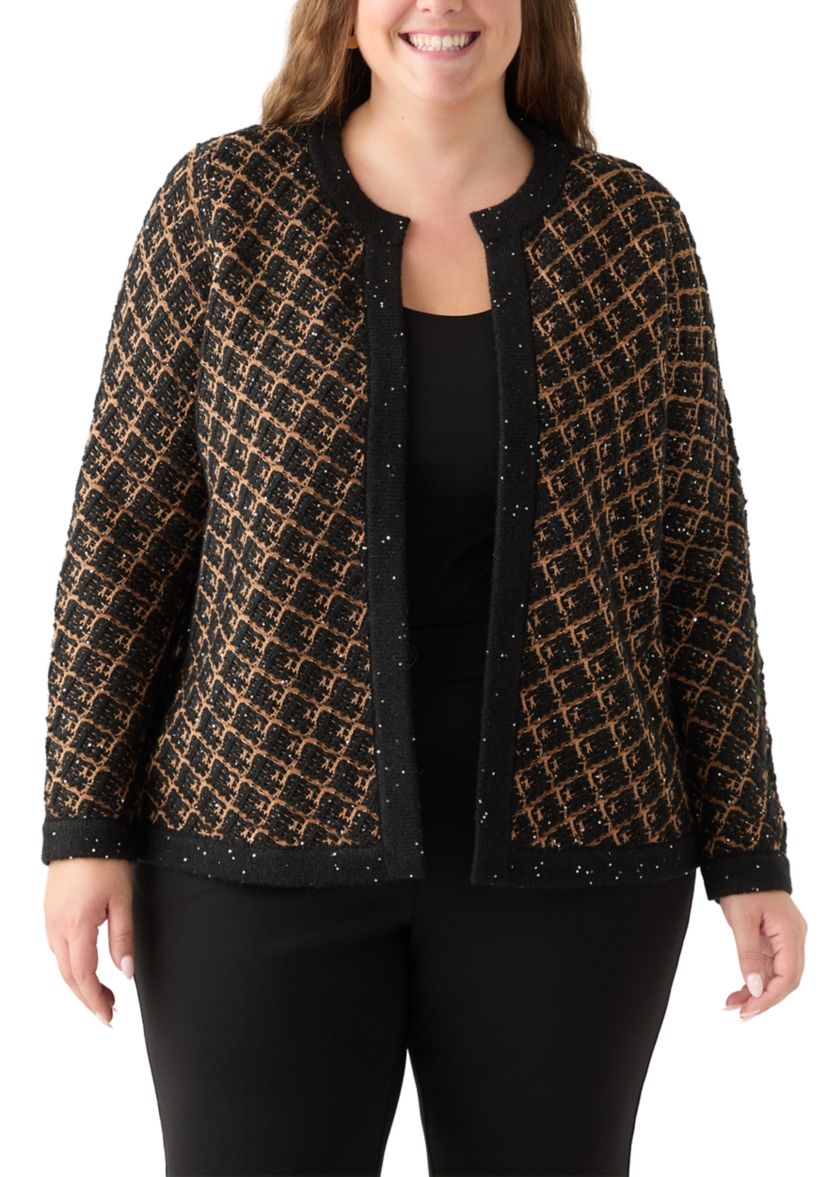 Plus Size Diagonal Check Open Front Cardigan