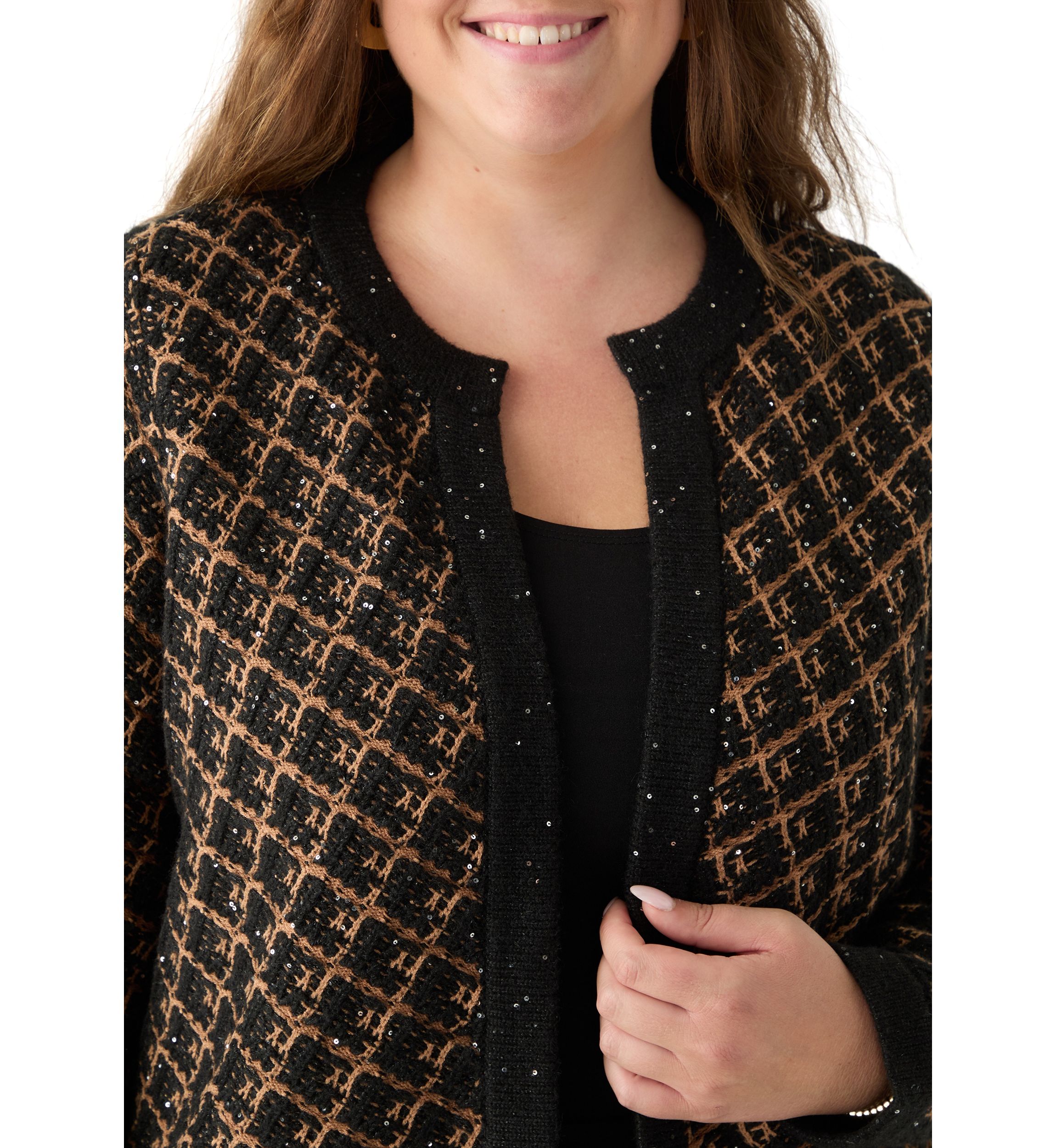 Plus Size Diagonal Check Open Front Cardigan
