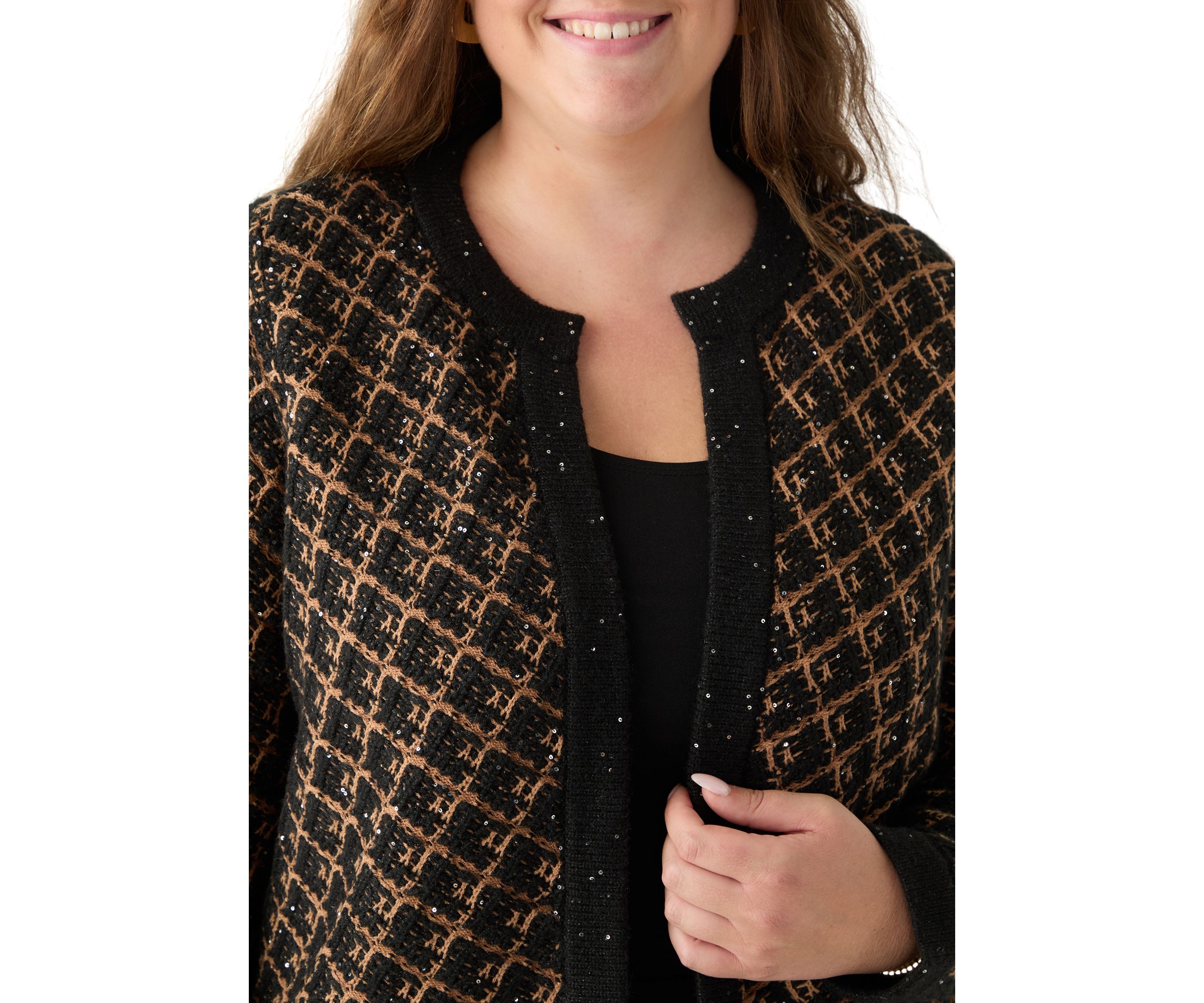 Plus Size Diagonal Check Open Front Cardigan