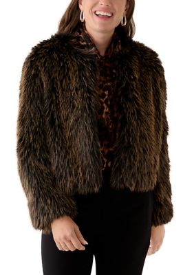 Anne Klein Women's Petite Open Front Faux Fur Jacket, Mahogany, PL