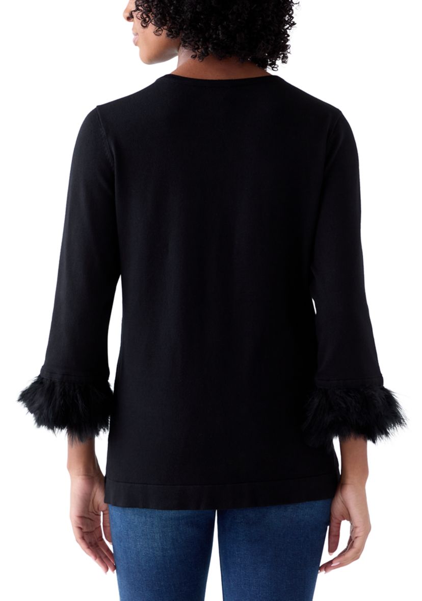 Womens Crew Neck with Feather Trim