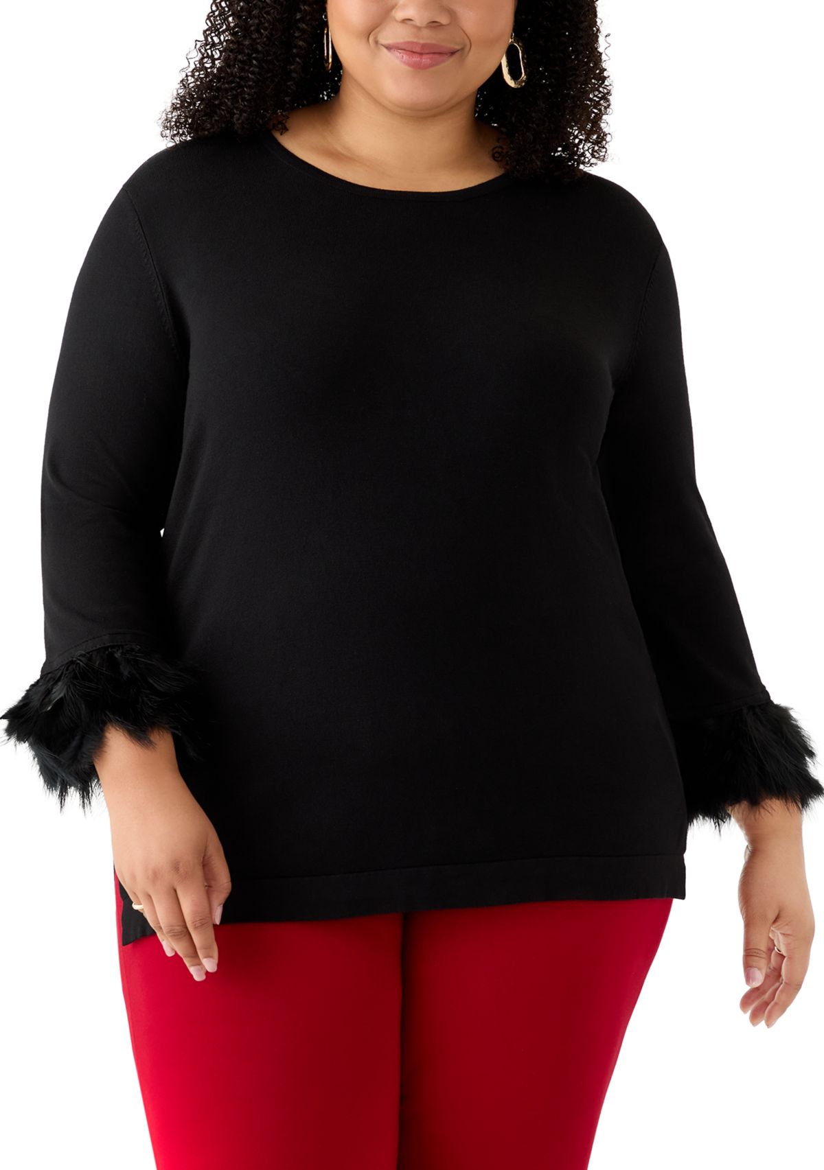Plus Size Long Sleeve Crew Neck with Feather Trim