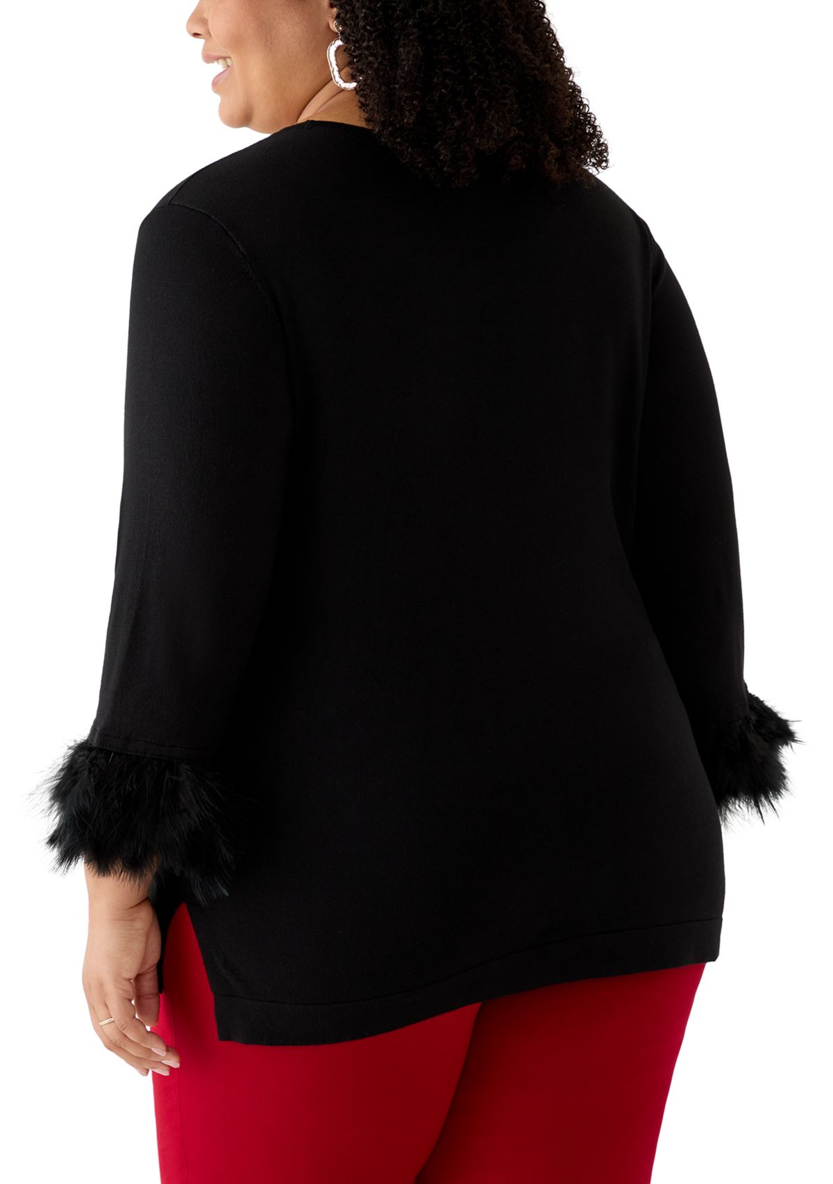 Plus Size Long Sleeve Crew Neck with Feather Trim