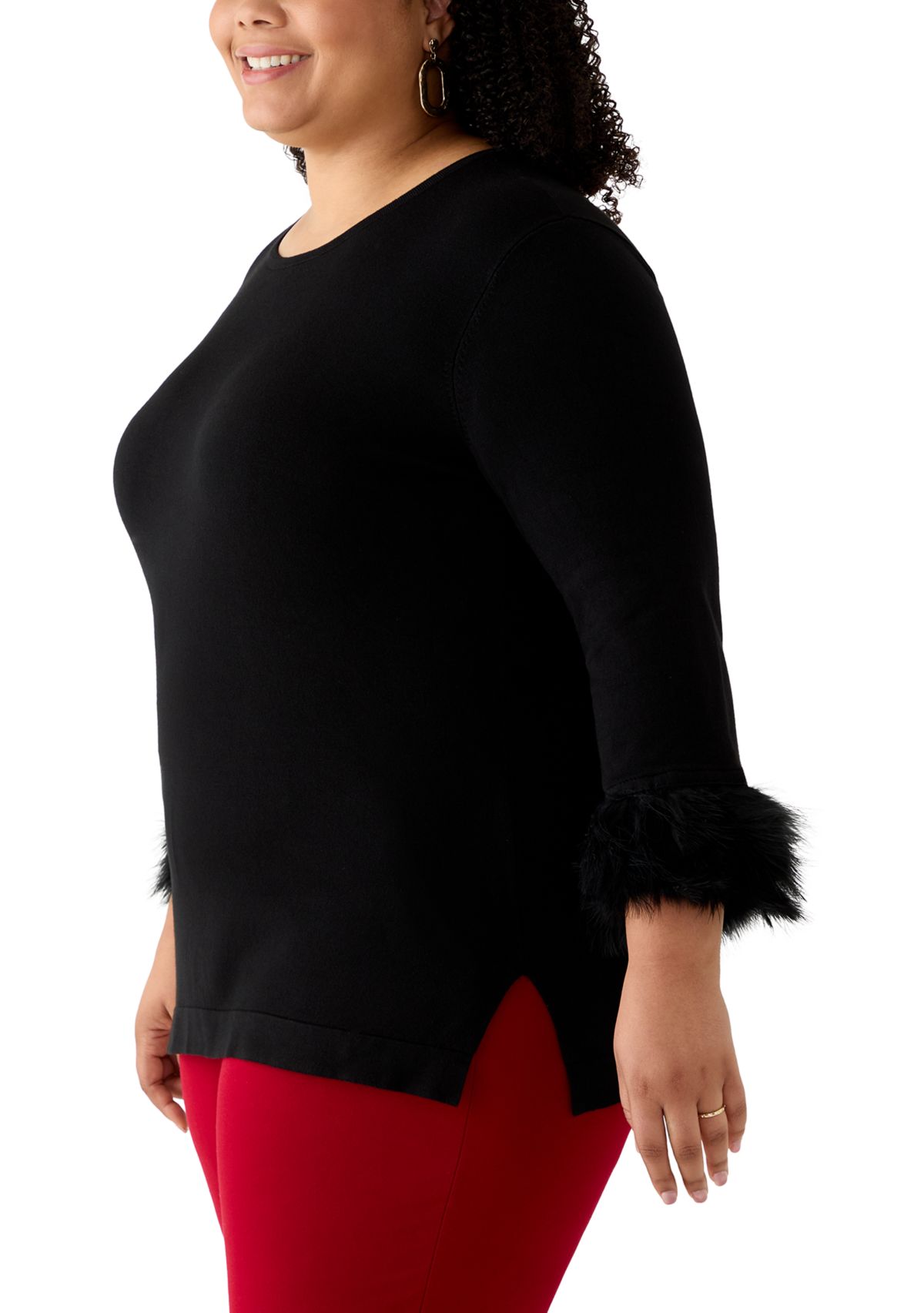 Plus Size Long Sleeve Crew Neck with Feather Trim