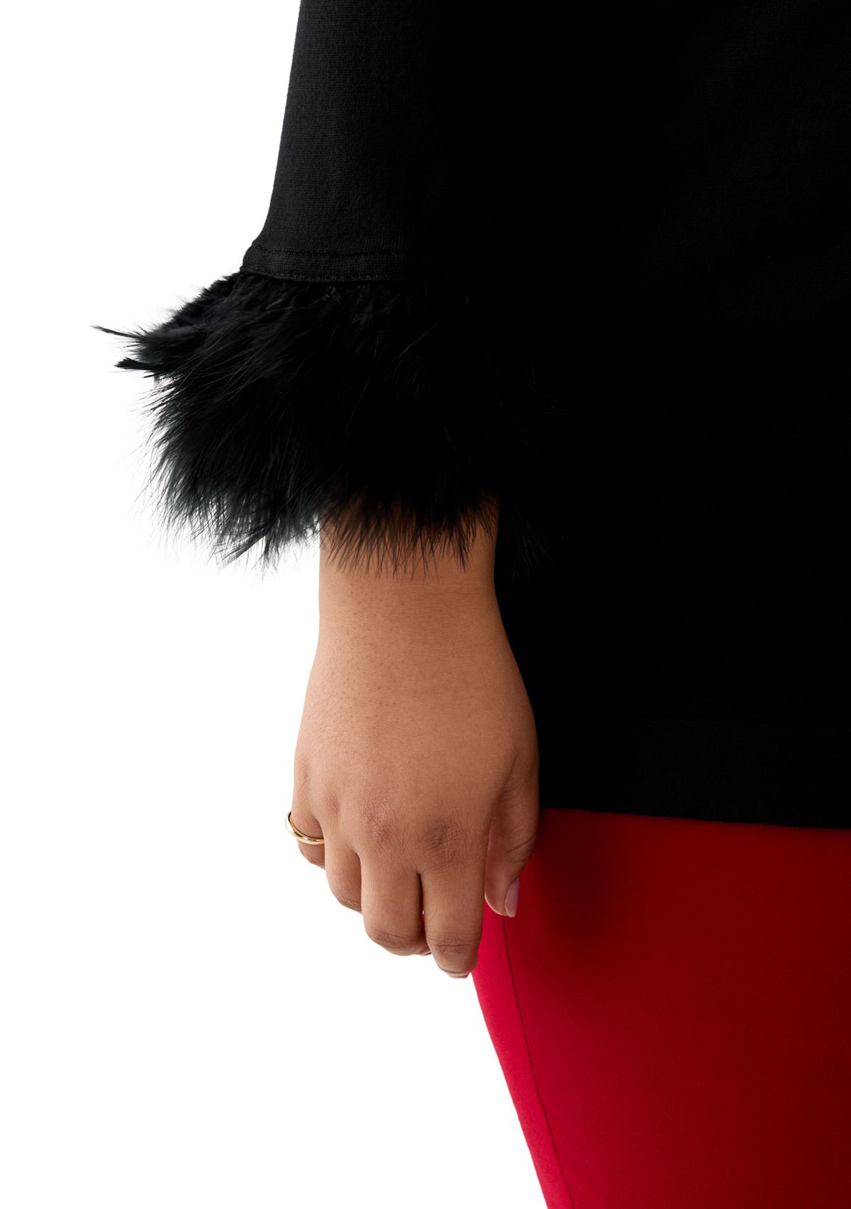Plus Size Long Sleeve Crew Neck with Feather Trim