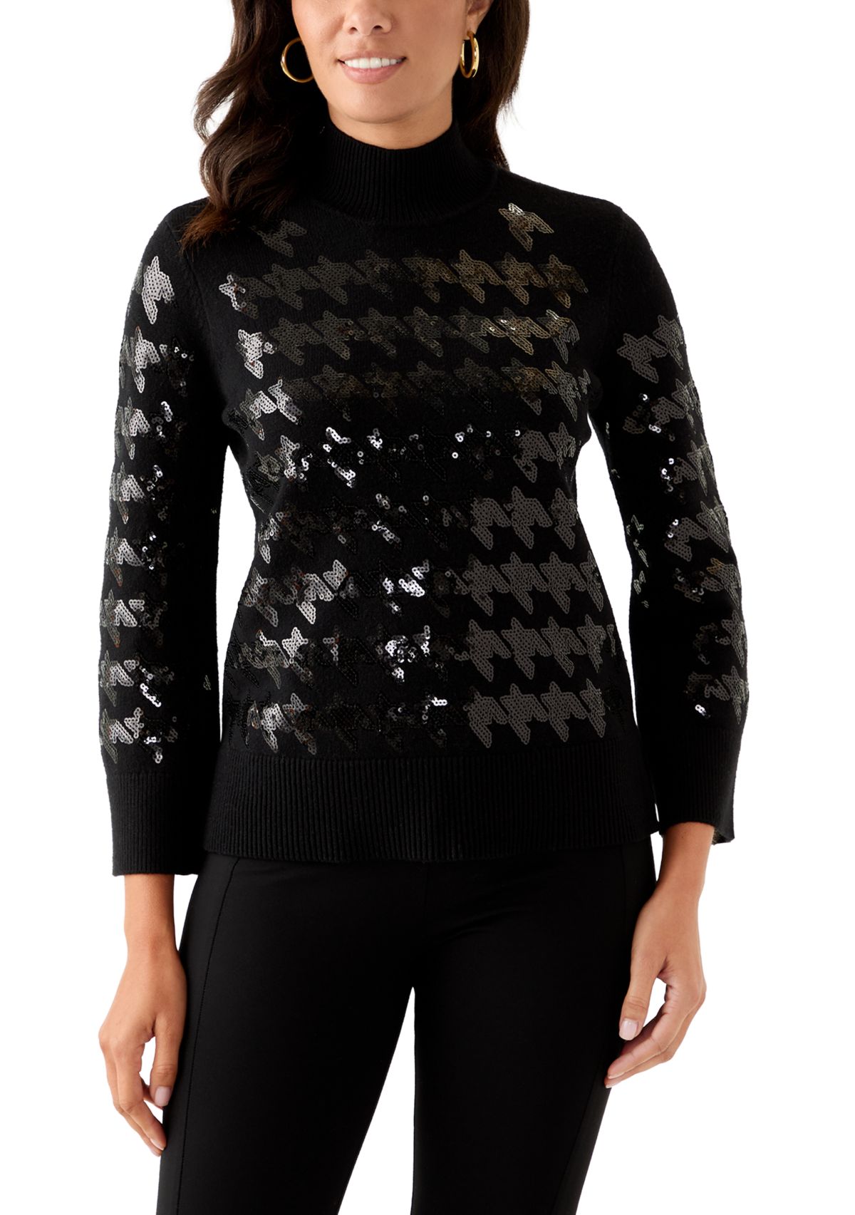 Womens Sequin Houndstooth Mock Neck Sweater