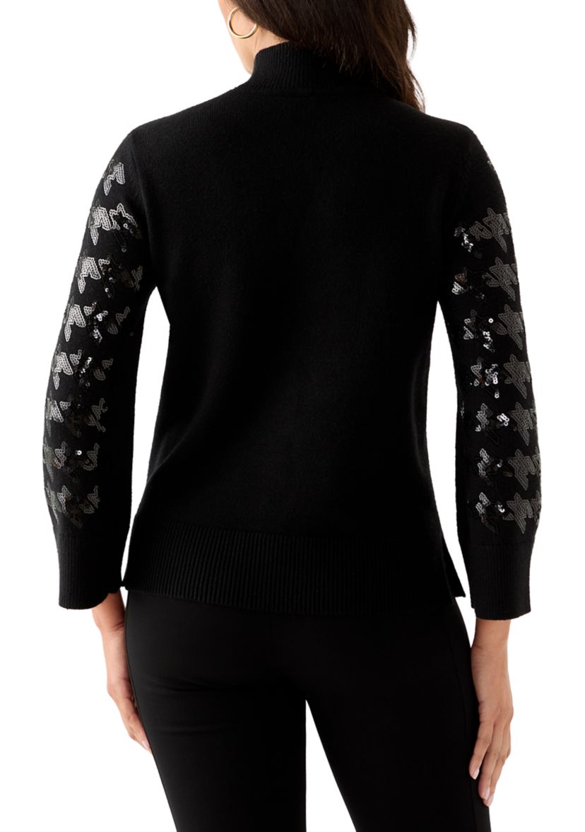Womens Sequin Houndstooth Mock Neck Sweater