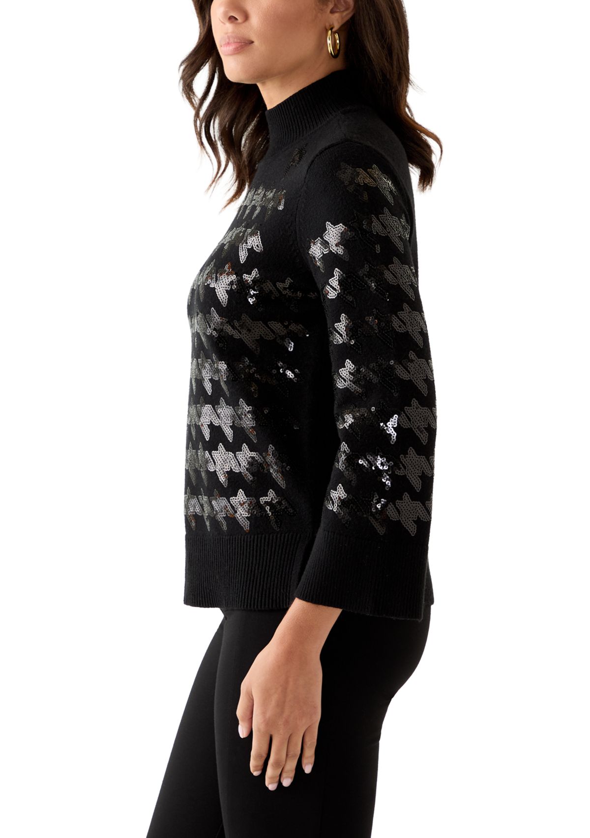 Womens Sequin Houndstooth Mock Neck Sweater