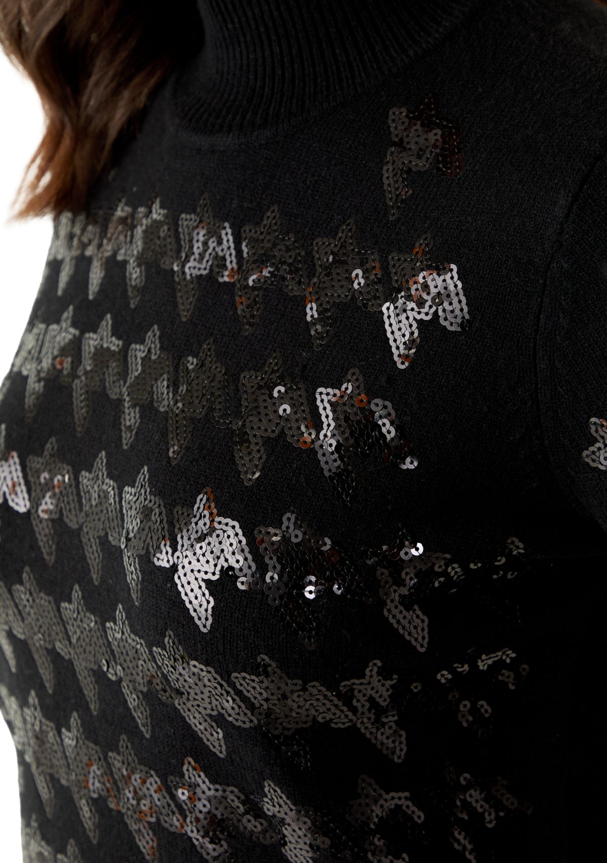 Womens Sequin Houndstooth Mock Neck Sweater