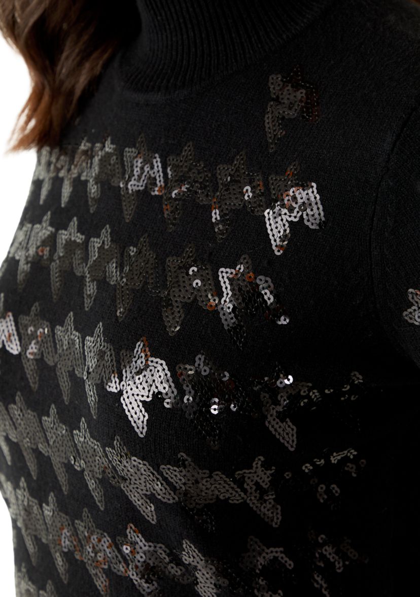 Womens Sequin Houndstooth Mock Neck Sweater