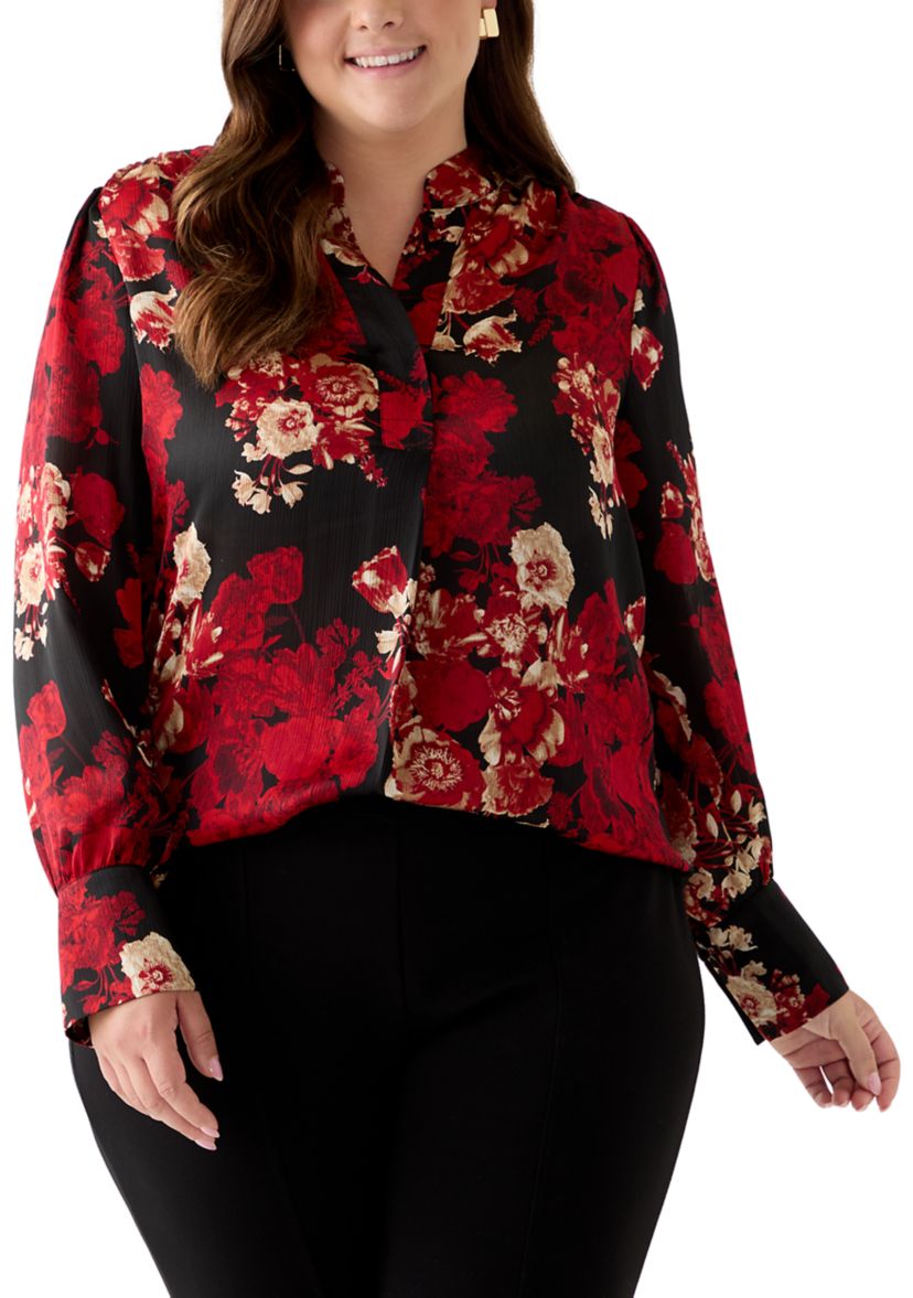 Plus Size Long Sleeve V-Neck Pleated Front Blouse 