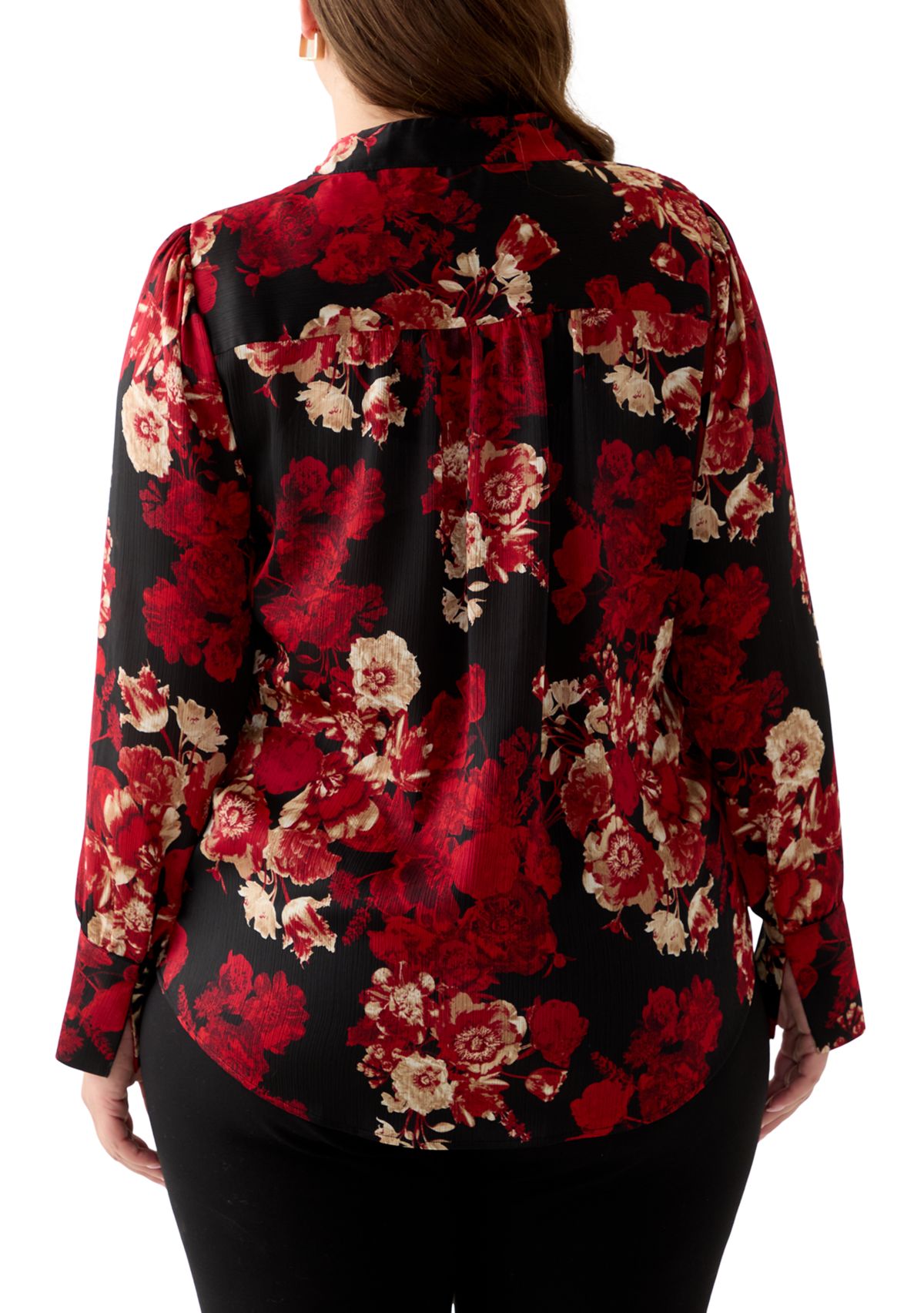 Plus Size Long Sleeve V-Neck Pleated Front Blouse 