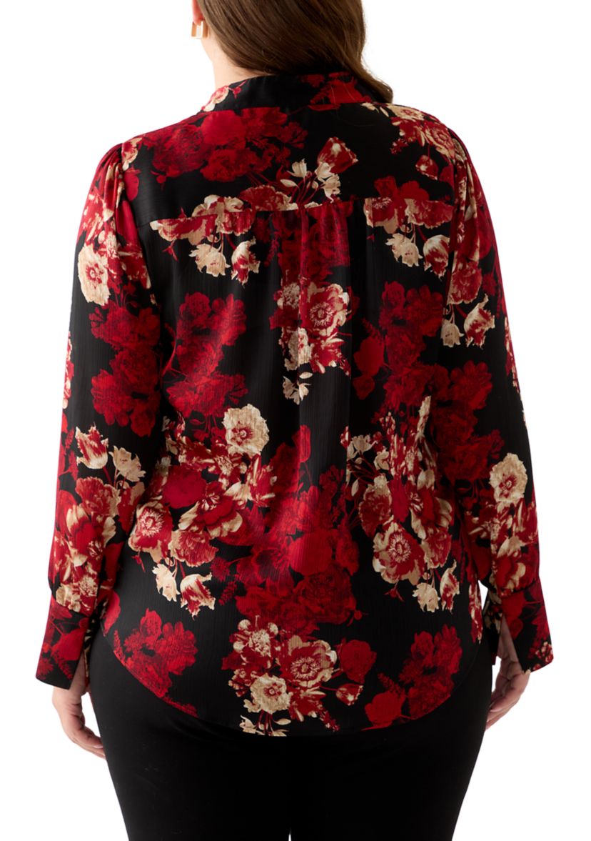 Plus Size Long Sleeve V-Neck Pleated Front Blouse 