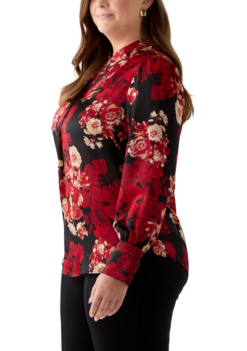 Plus Size Long Sleeve V-Neck Pleated Front Blouse 