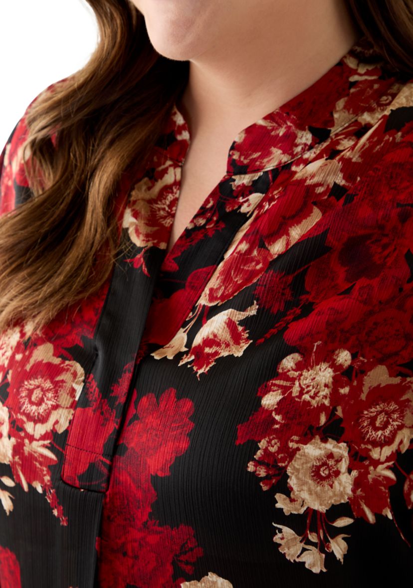 Plus Size Long Sleeve V-Neck Pleated Front Blouse 
