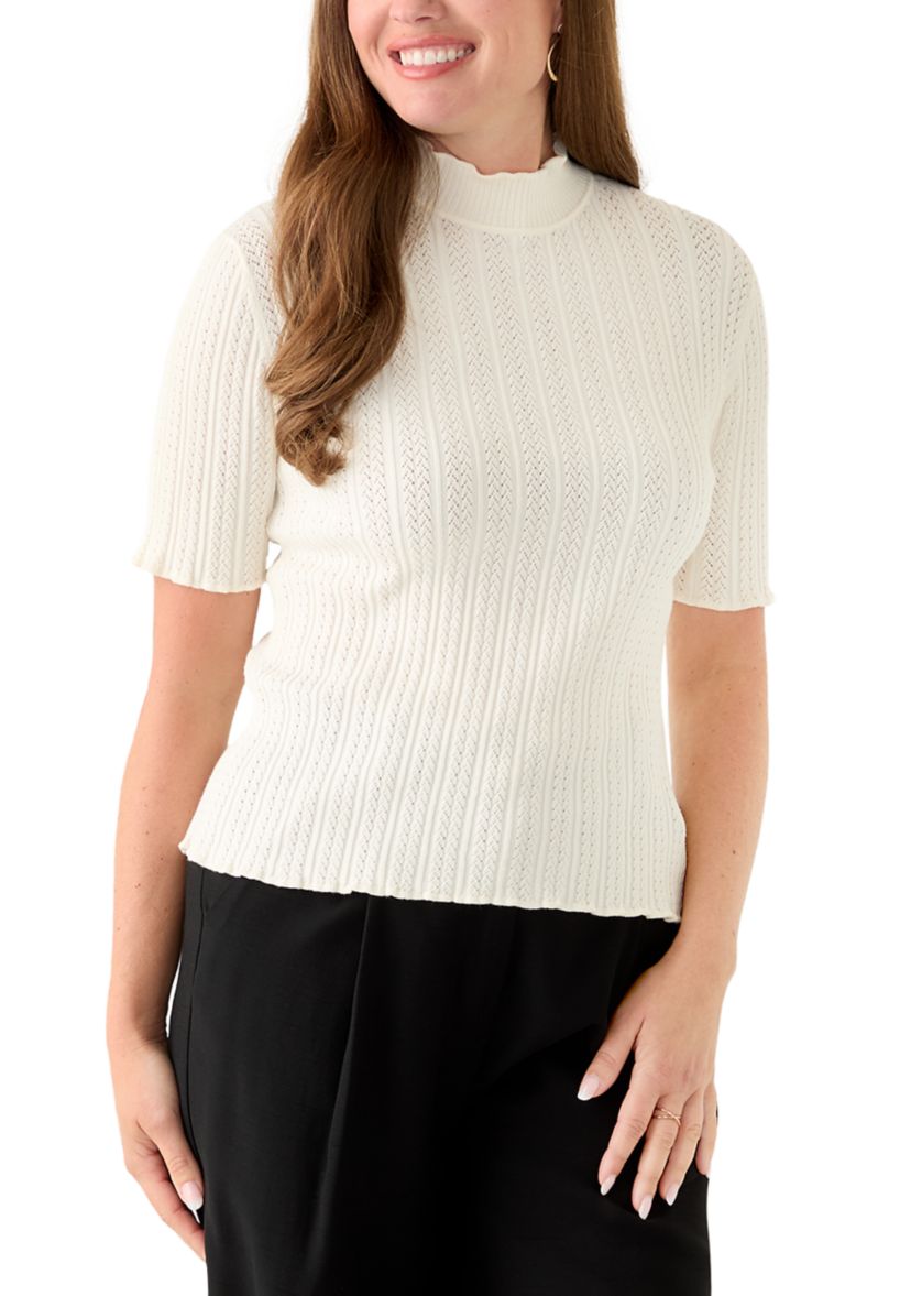 Petite Creamy White Elbow Sleeve Stitch Mock Neck Sweater