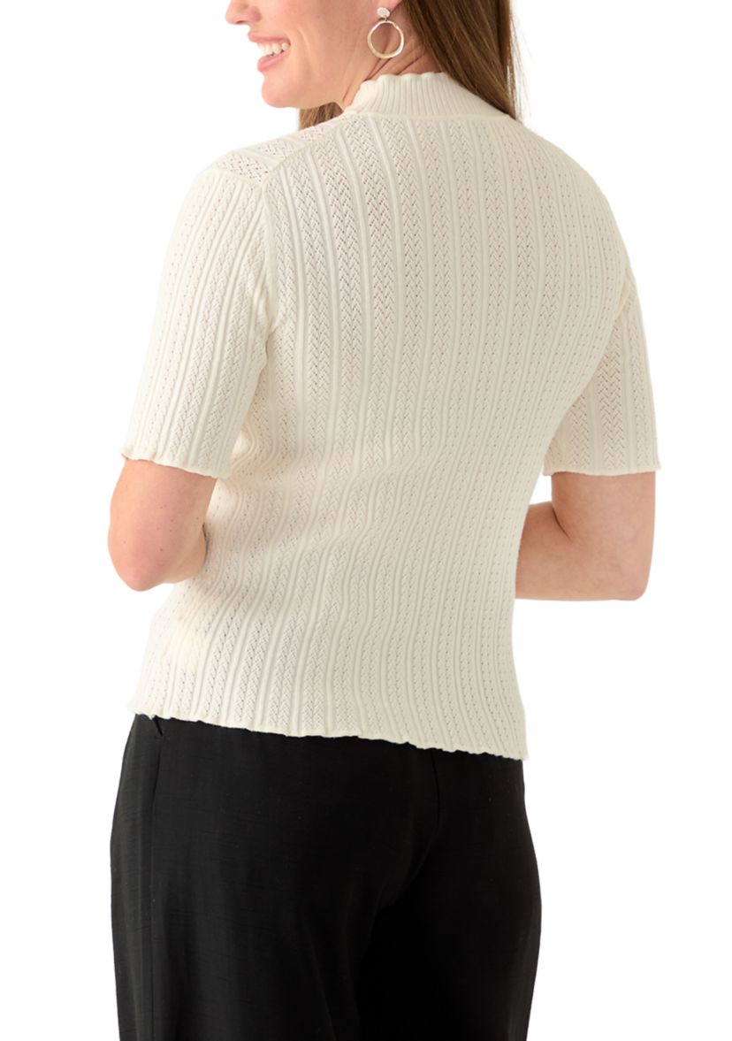 Petite Creamy White Elbow Sleeve Stitch Mock Neck Sweater