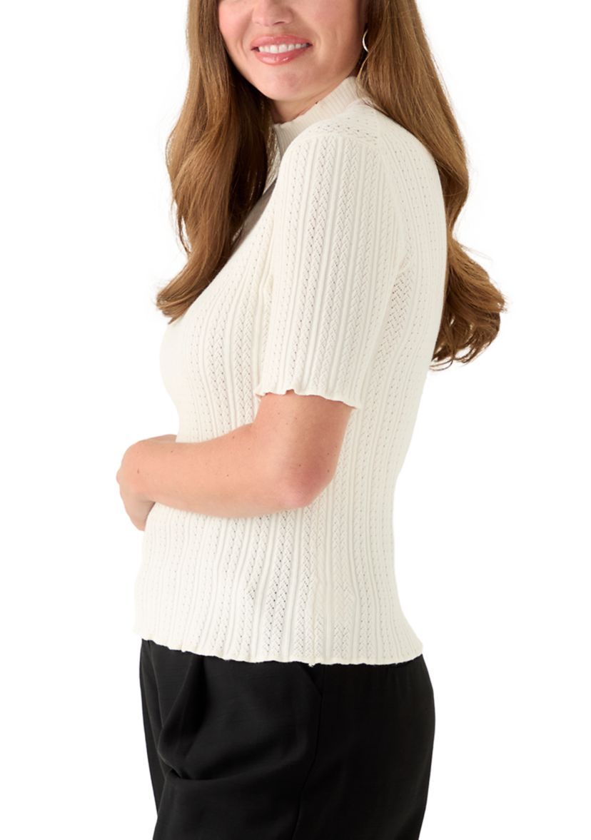 Petite Creamy White Elbow Sleeve Stitch Mock Neck Sweater