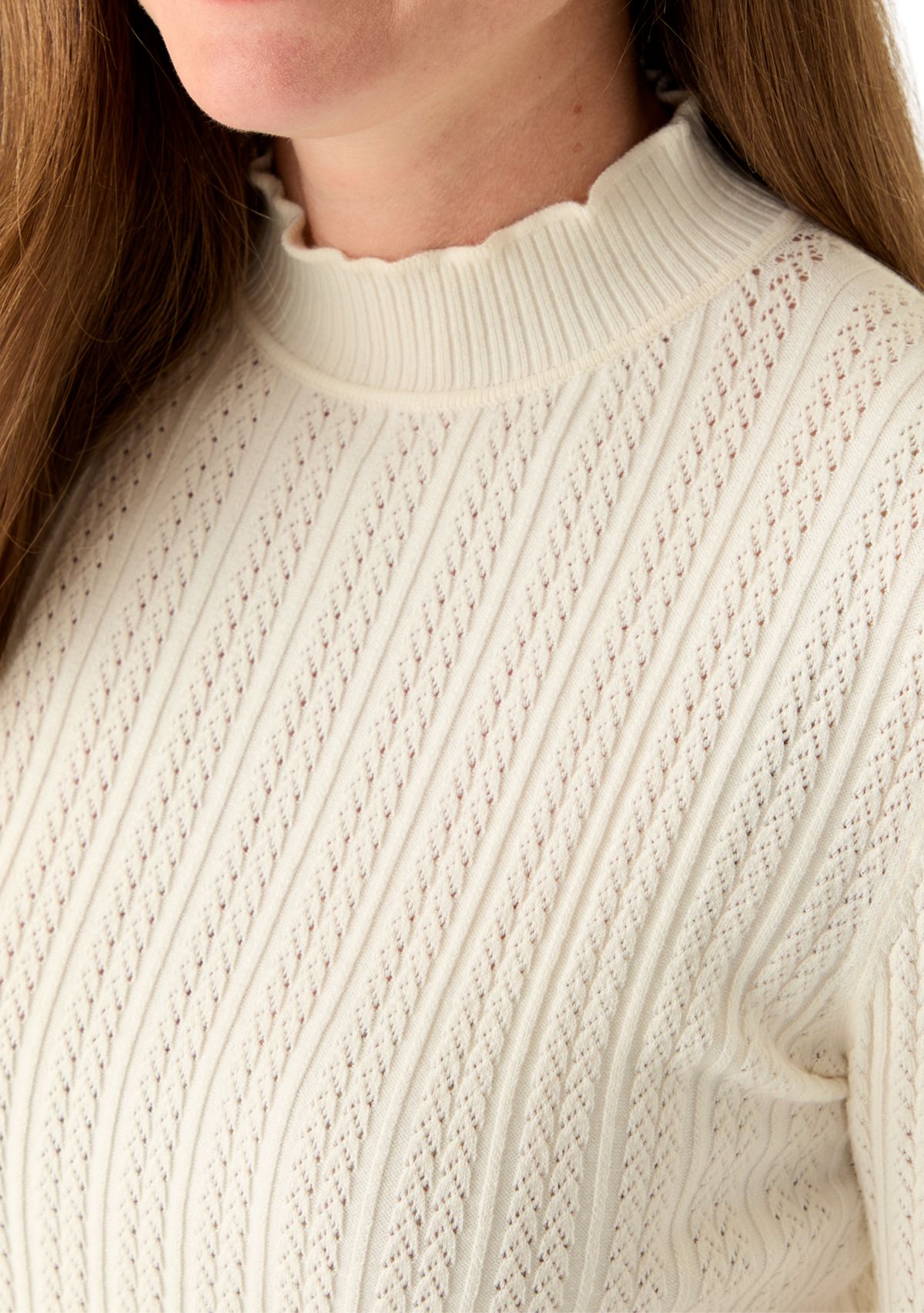 Petite Creamy White Elbow Sleeve Stitch Mock Neck Sweater