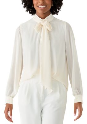 Anne Klein Women's High Tie Neck Blouse, White, Small