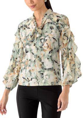 Anne Klein Women's Petite Ruffle Tie Neck Printed Blouse, PM