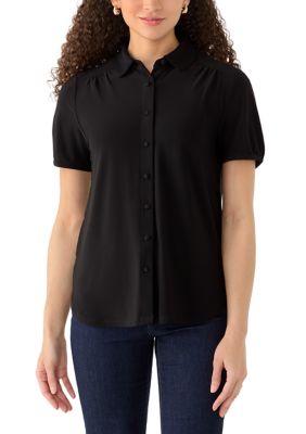 Anne Klein Women's Petite Button Front Shirt, Black, PS