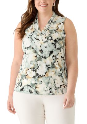 Anne Klein Women's Plus Size Sleeveless Printed Triple Pleat Dress, 2X