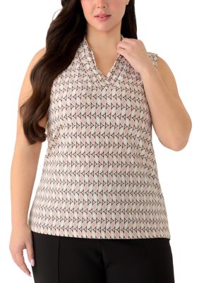 Anne Klein Women's Plus Size Sleeveless Triple Pleat Printed Top, White, 3X