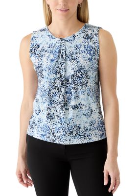 Anne Klein Women's Printed Asymmetrical Pleat Neck Blouse, White, Small