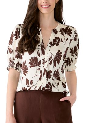 Anne Klein Women's Y-Front Short Sleeve Smocked Blouse, Medium