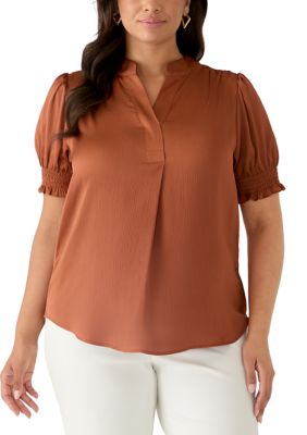 Anne Klein Women's Plus Size Y-Neck Short Puff Sleeve Satin Blouse