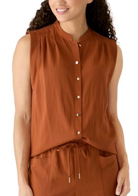 Anne Klein Women's Petite Sleeveless Button Front Shirt with Pleats