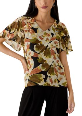 Anne Klein Women's Petite Ruffle Sleeve Y-Neck Blouse, Black, PXS