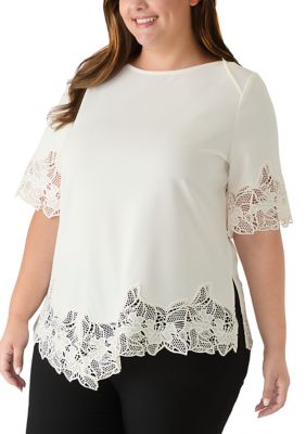 Anne Klein Women's Short Sleeve Asymmetric Lace Hem Knit Top