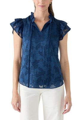 Anne Klein Women's Ruffle Sleeve Tie Neck Blouse, Blue, Large