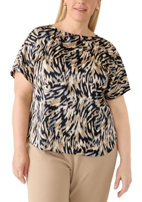 Anne Klein Women's Plus Size Short Sleeve Satin Boat Neck Print Top
