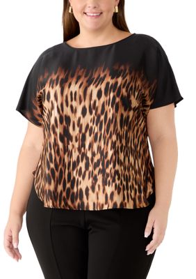 Anne Klein Women's Plus Size Short Sleeve Animal Ombré Boat Neck Top