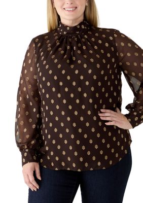 Anne Klein Women's Plus Size Long Sleeve Shirred Collar Keyhole Blouse