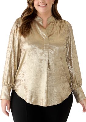 Anne Klein Women's Plus Size Long Sleeve V-Neck Metallic Blouse