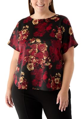 Anne Klein Women's Plus Size Short Sleeve Floral Heavy Satin Blouse