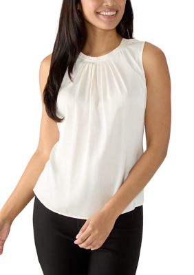 Anne Klein Women's Sleeveless Pleat Neck Button-Front Top, White, Small