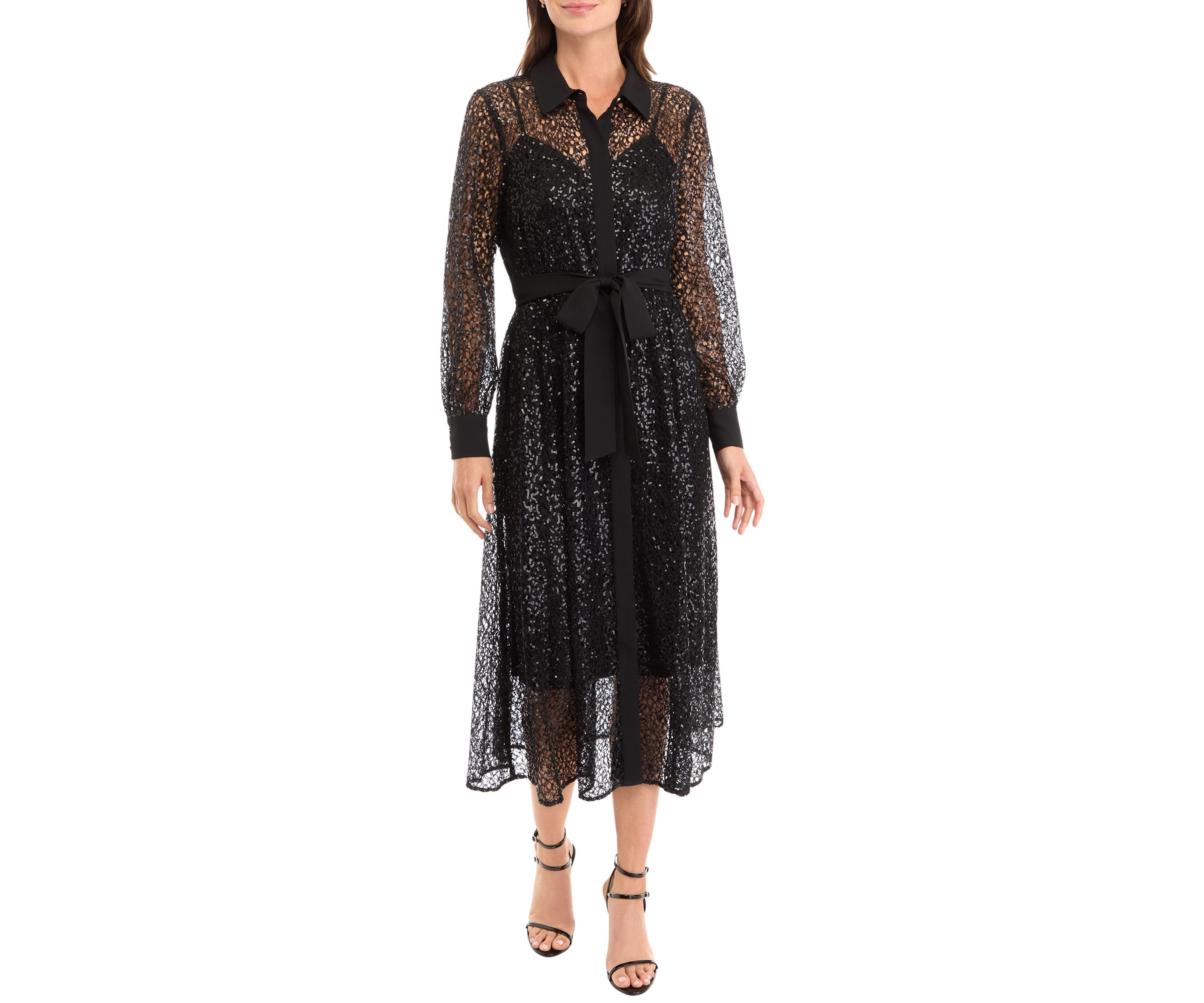 Petite Mixed Media A-Line Dress with Sequins