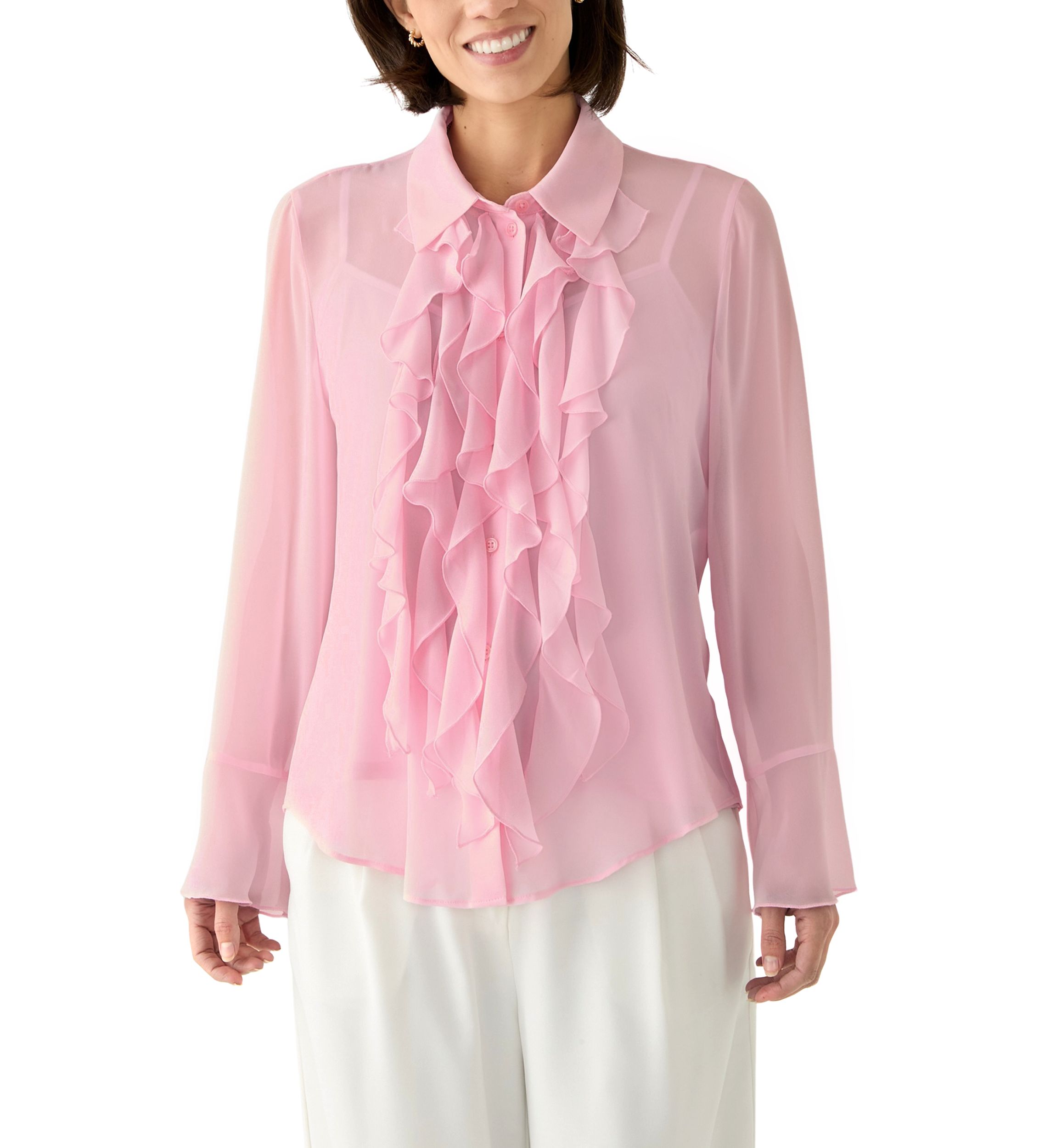 Petite Long Sleeve Button Front Ruffle Blouse