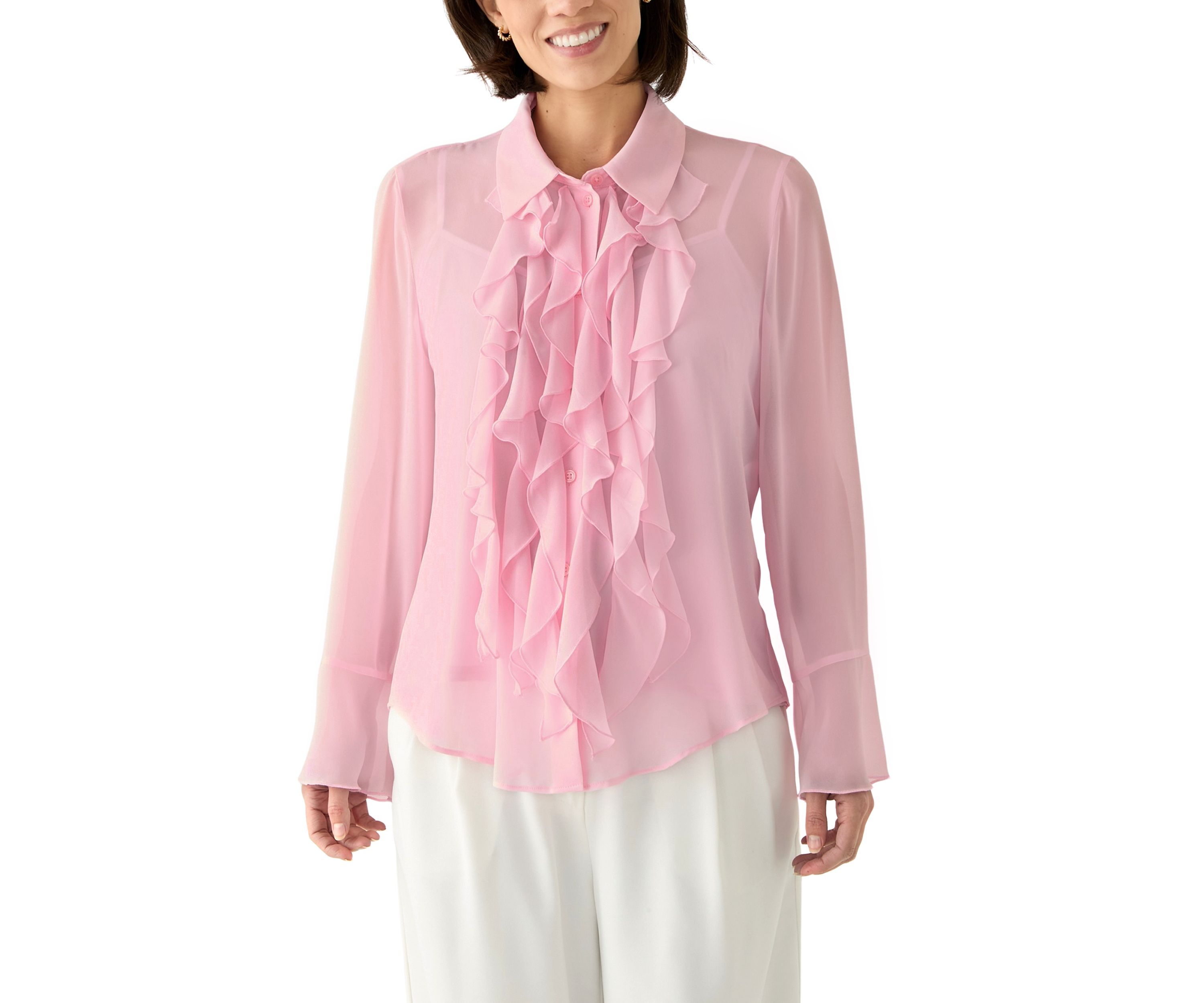 Petite Long Sleeve Button Front Ruffle Blouse