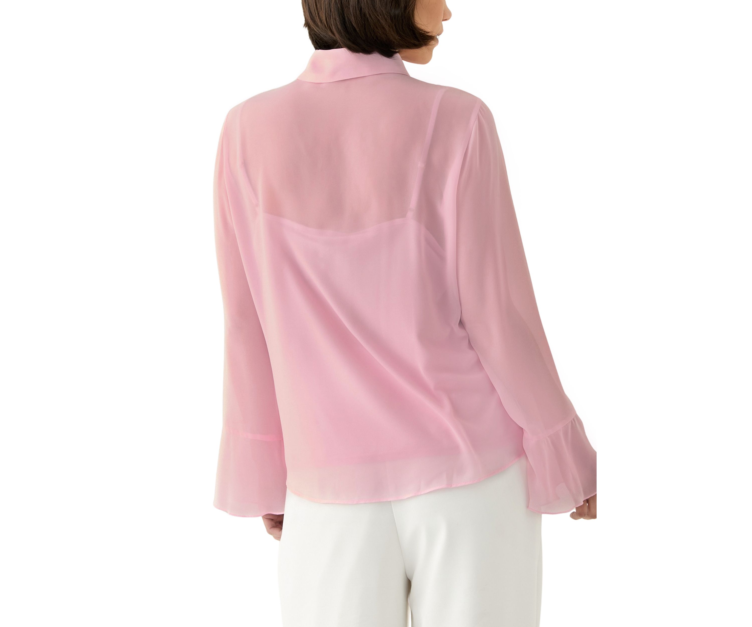 Petite Long Sleeve Button Front Ruffle Blouse