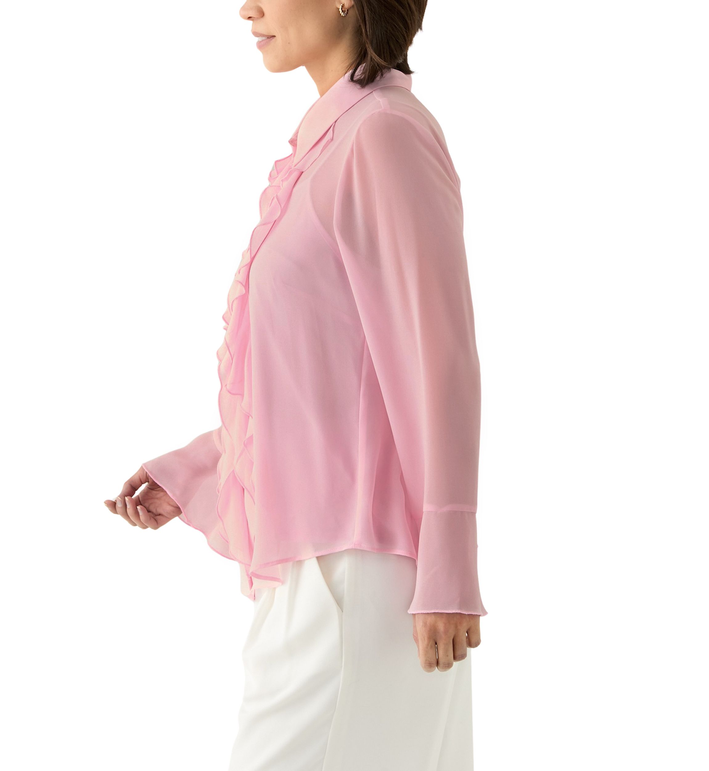 Petite Long Sleeve Button Front Ruffle Blouse